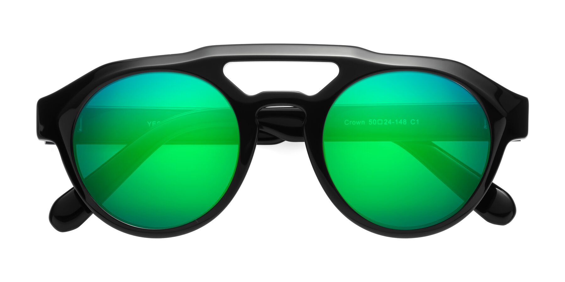 Folded Front of Crown in Black with Green Mirrored Lenses