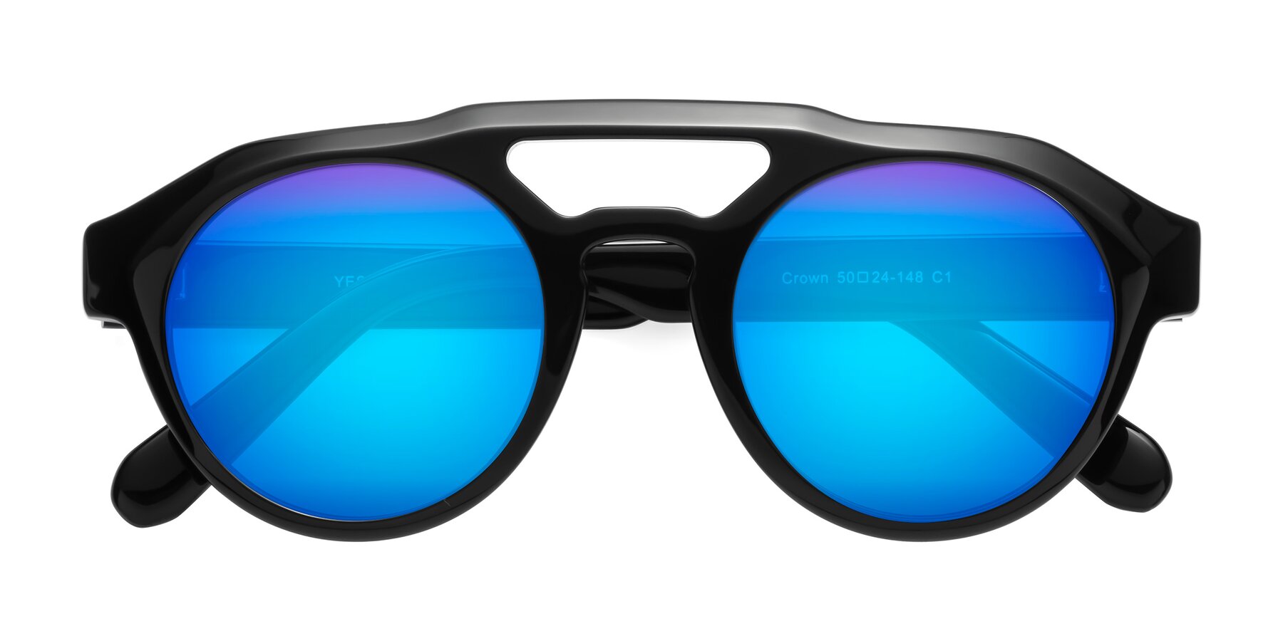 Folded Front of Crown in Black with Blue Mirrored Lenses