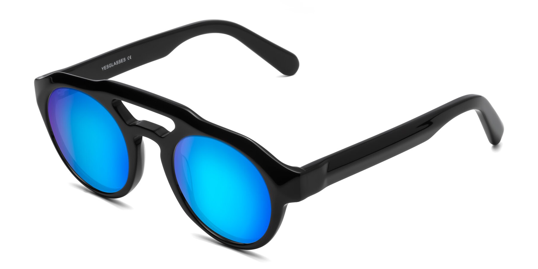 Angle of Crown in Black with Blue Mirrored Lenses