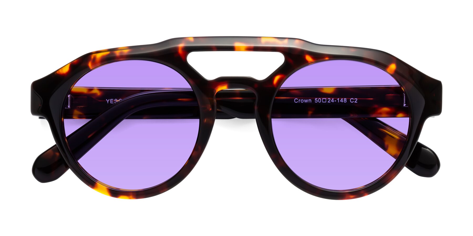 Folded Front of Crown in Tortoise with Medium Purple Tinted Lenses
