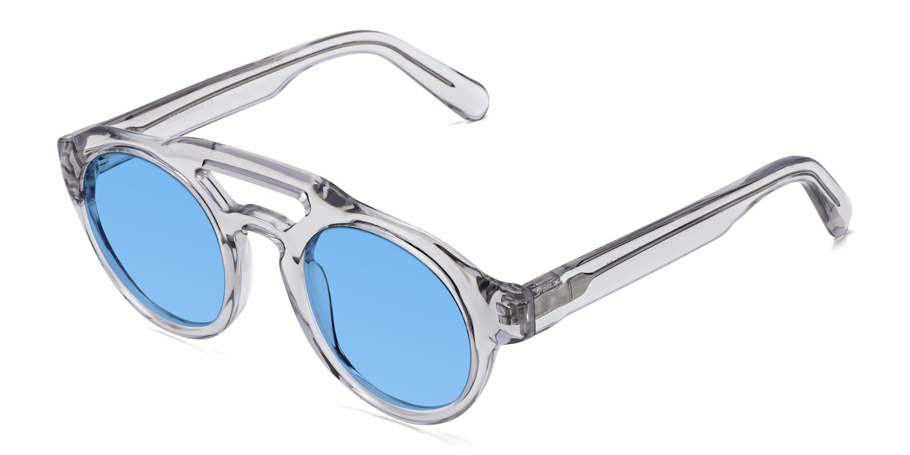 Angle of Crown in Light Gray with Medium Blue Tinted Lenses