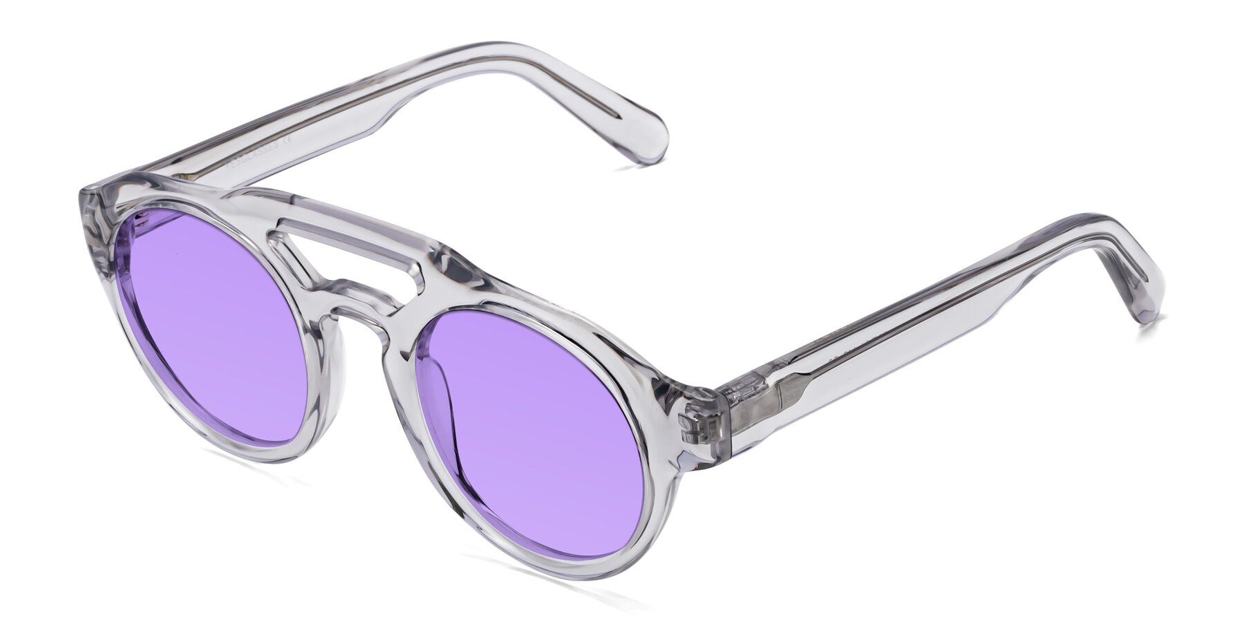 Angle of Crown in Light Gray with Medium Purple Tinted Lenses