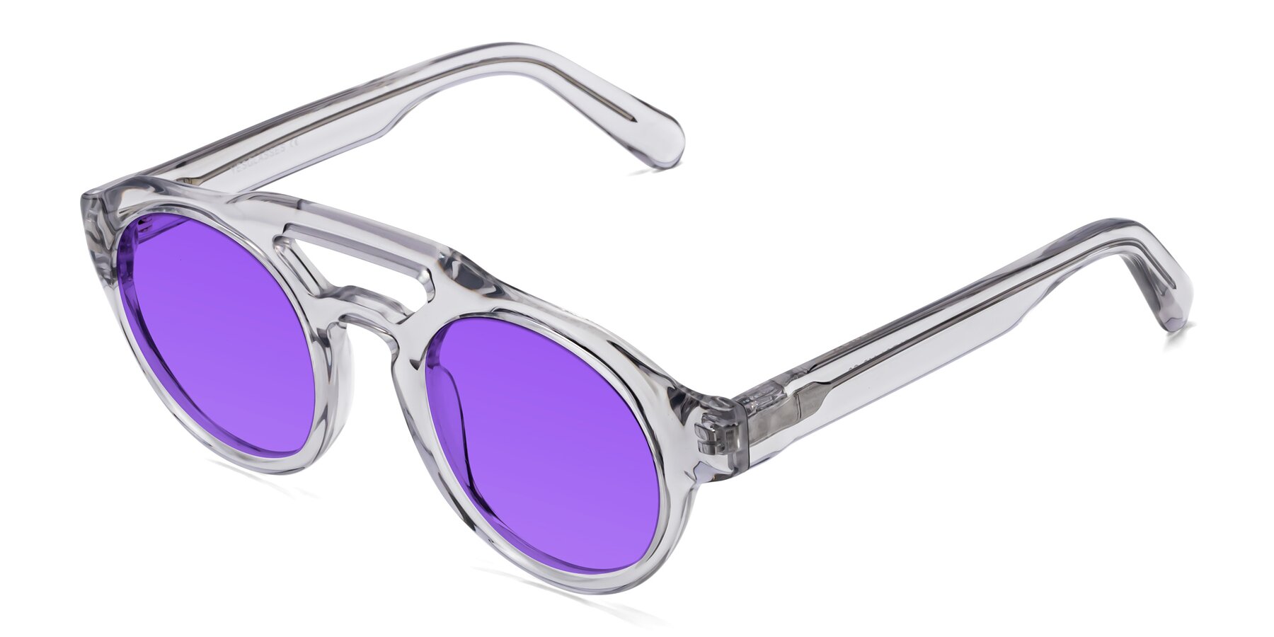 Angle of Crown in Light Gray with Purple Tinted Lenses