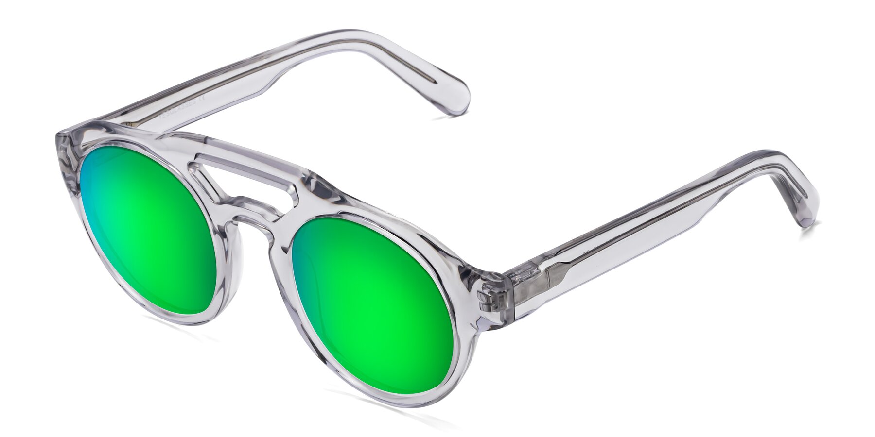 Angle of Crown in Light Gray with Green Mirrored Lenses