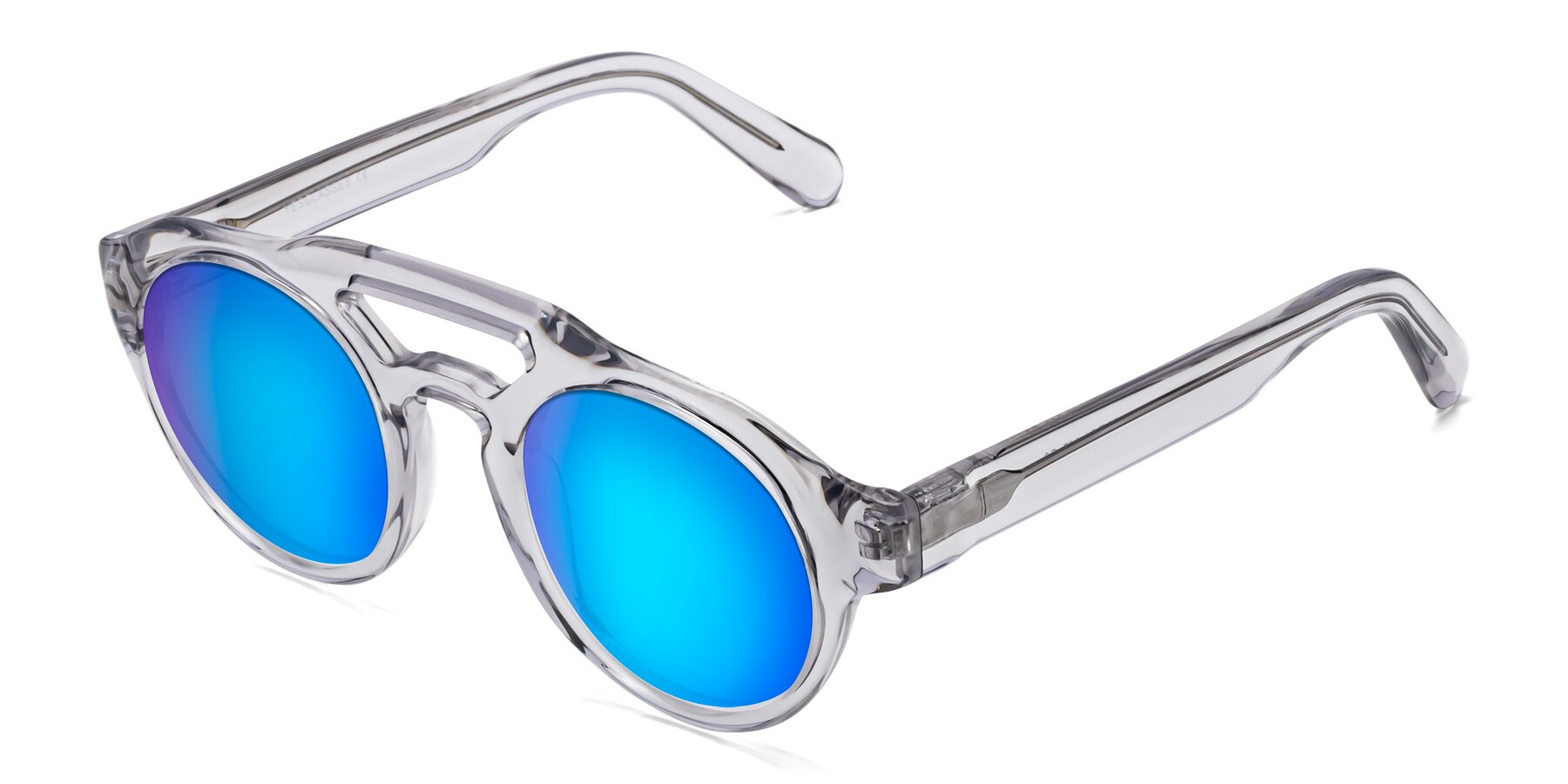 Angle of Crown in Light Gray with Blue Mirrored Lenses