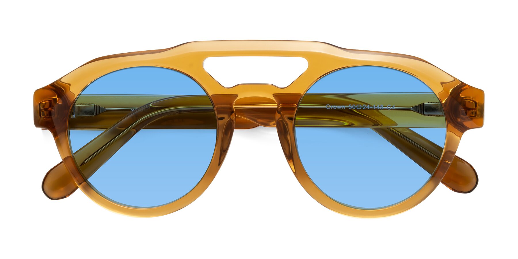 Folded Front of Crown in Amber with Medium Blue Tinted Lenses