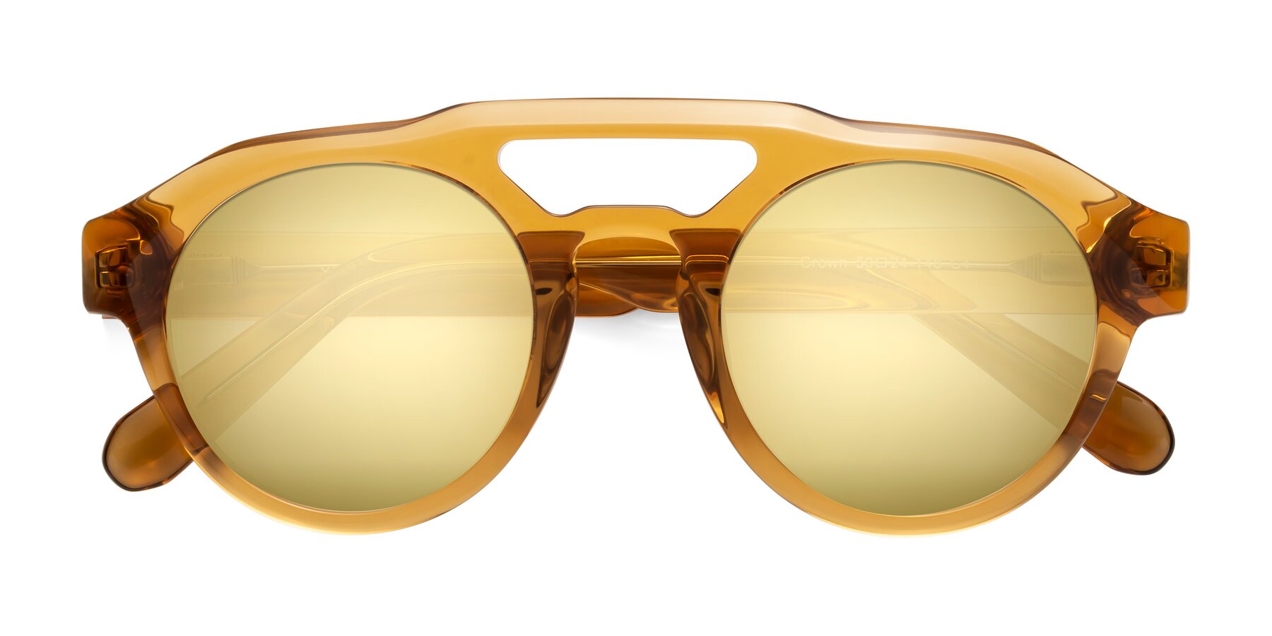 Round - Bridge Lenses Gold Double Retro-Vintage Sunwear Mirrored Sunglasses Amber with Crown