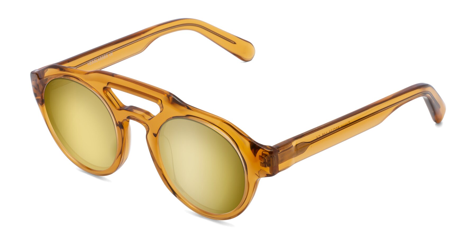Amber Retro-Vintage Double Bridge Round Lenses - with Sunwear Gold Sunglasses Crown Mirrored