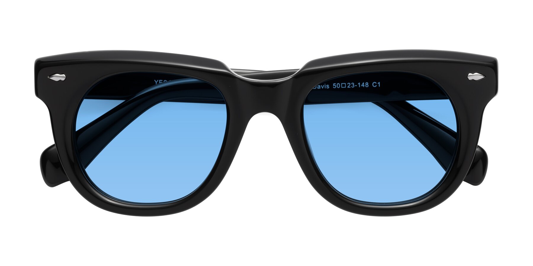 Folded Front of Davis in Black with Medium Blue Tinted Lenses