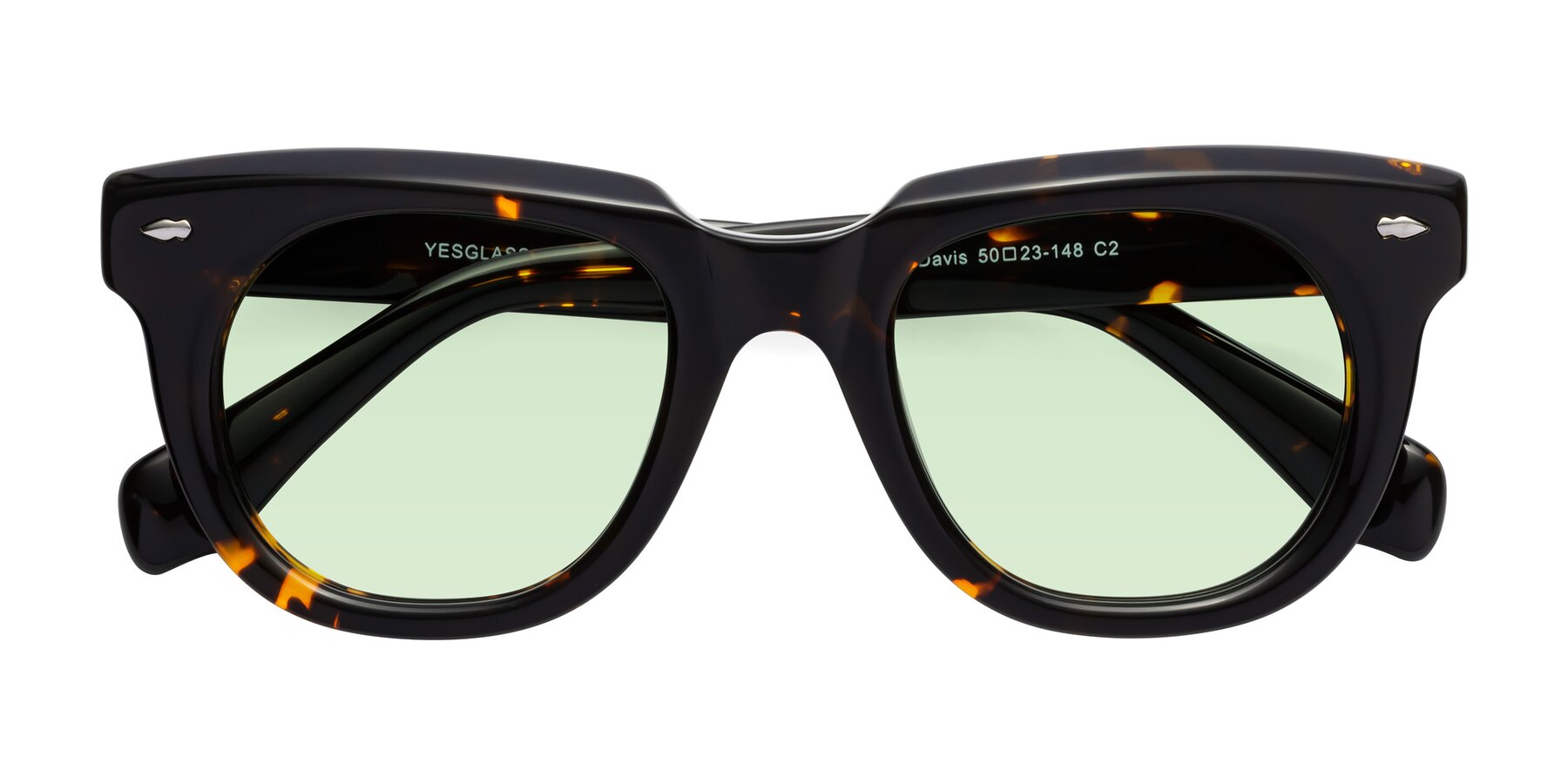 Folded Front of Davis in Tortoise with Light Green Tinted Lenses