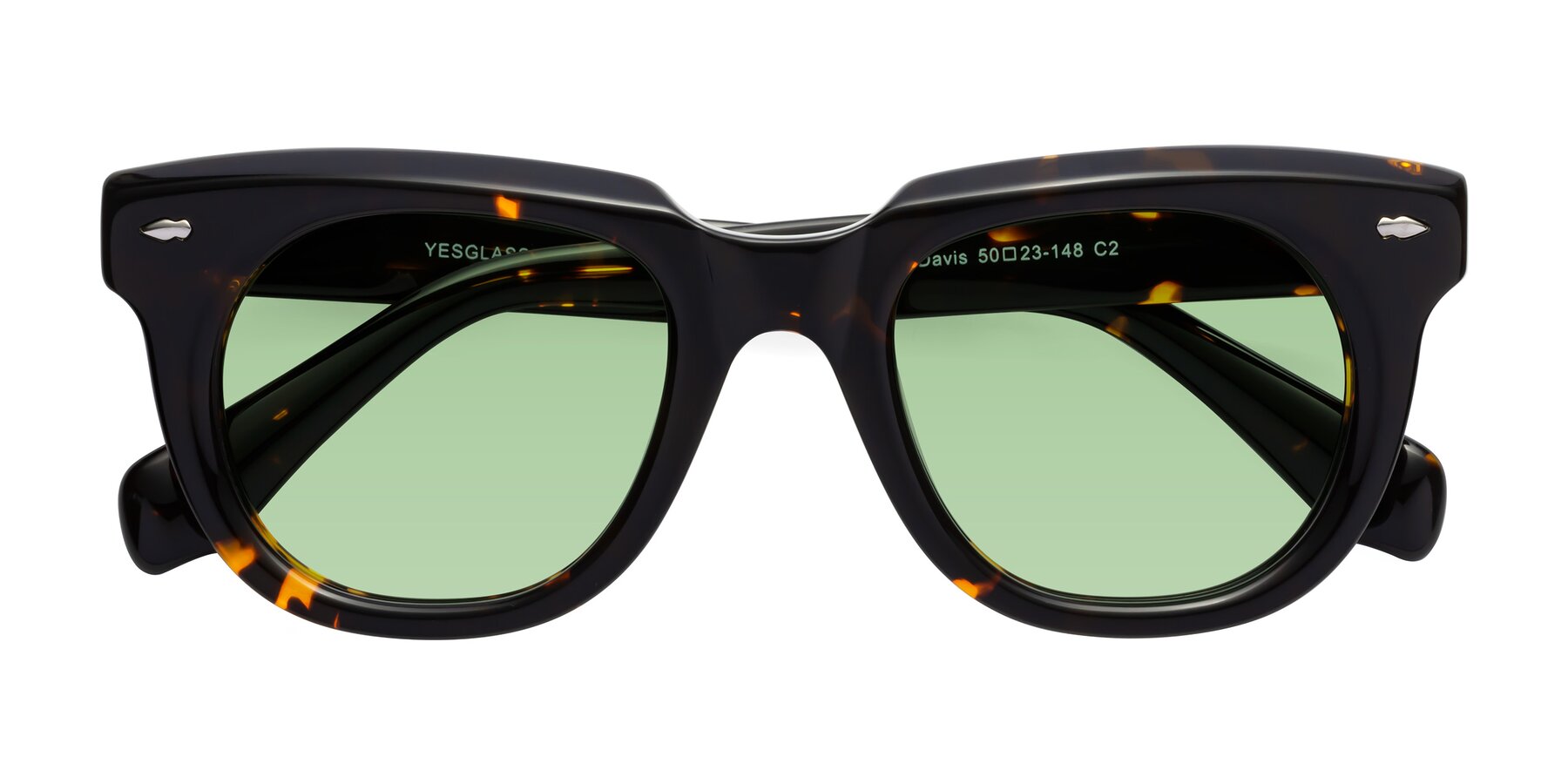 Folded Front of Davis in Tortoise with Medium Green Tinted Lenses