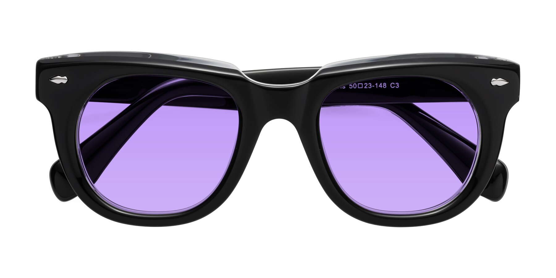 Folded Front of Davis in Black-Clear with Medium Purple Tinted Lenses