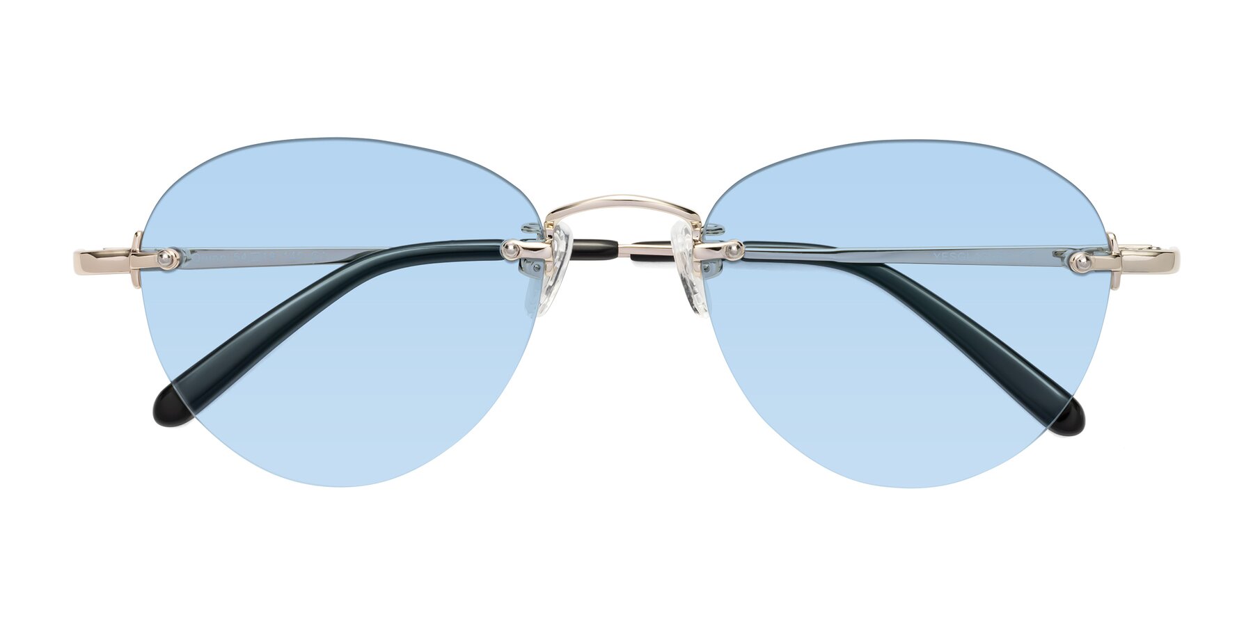 Folded Front of Quinn in Light Gold with Light Blue Tinted Lenses