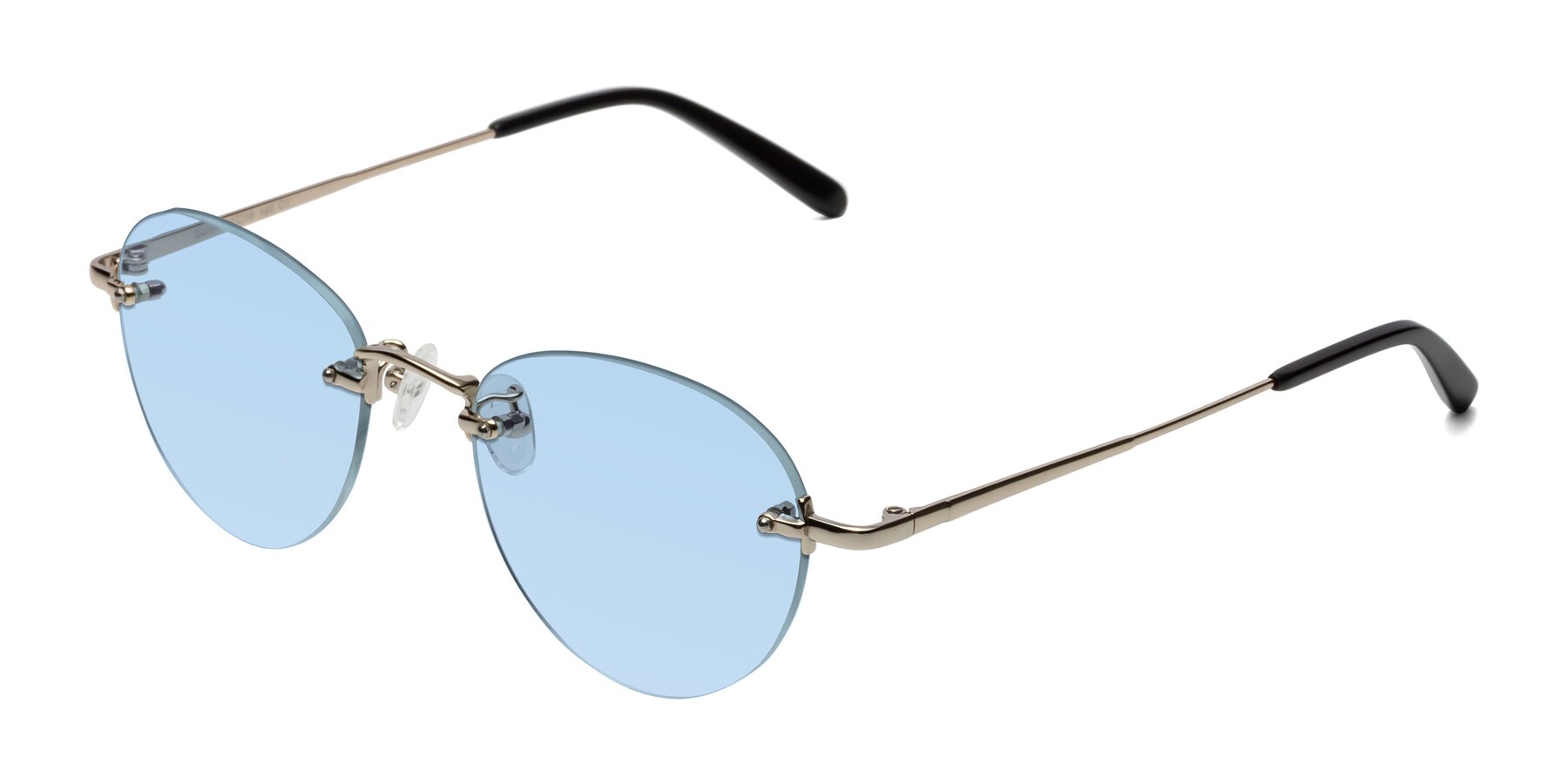Angle of Quinn in Light Gold with Light Blue Tinted Lenses