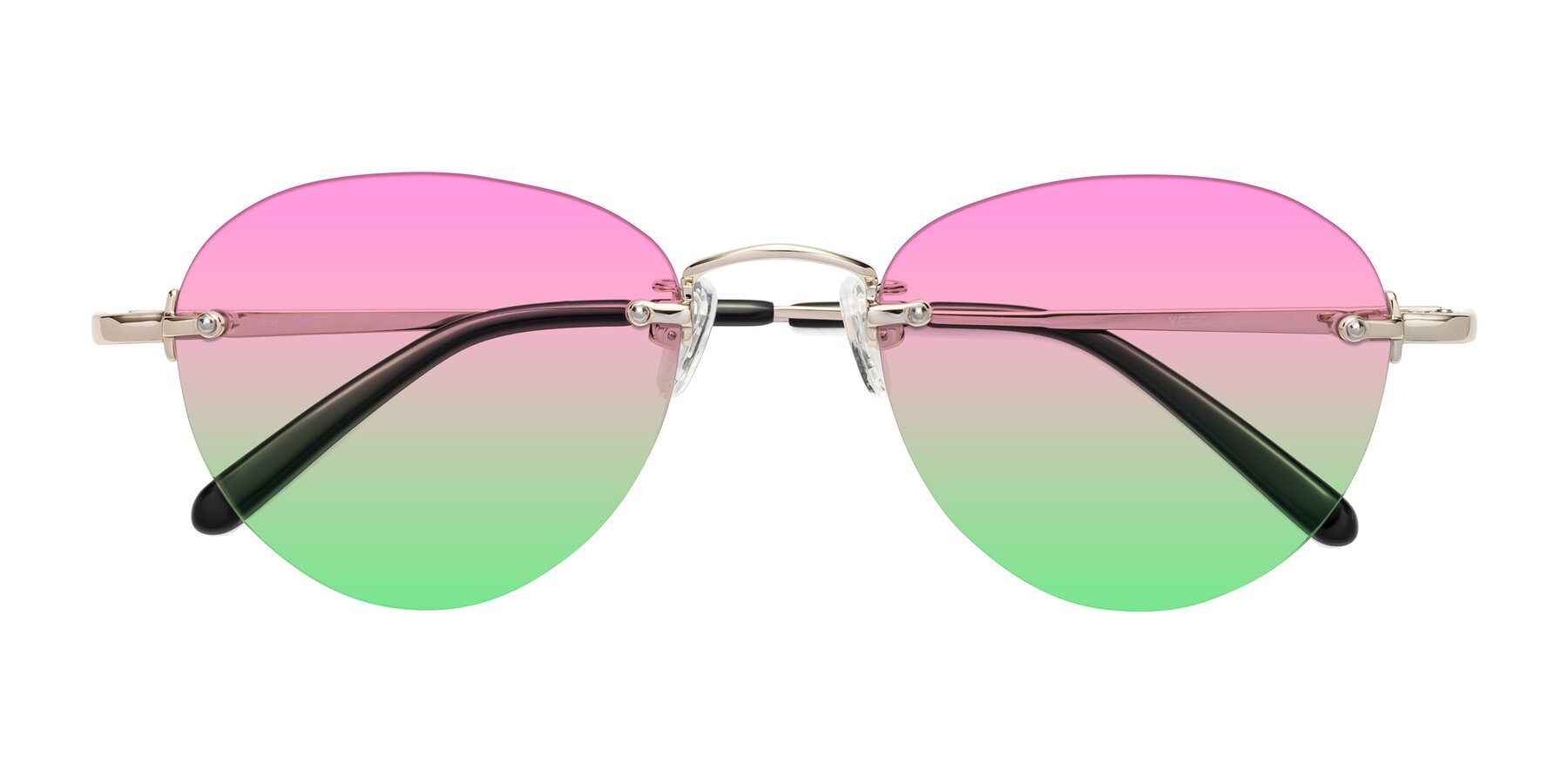 Folded Front of Quinn in Light Gold with Pink / Green Gradient Lenses