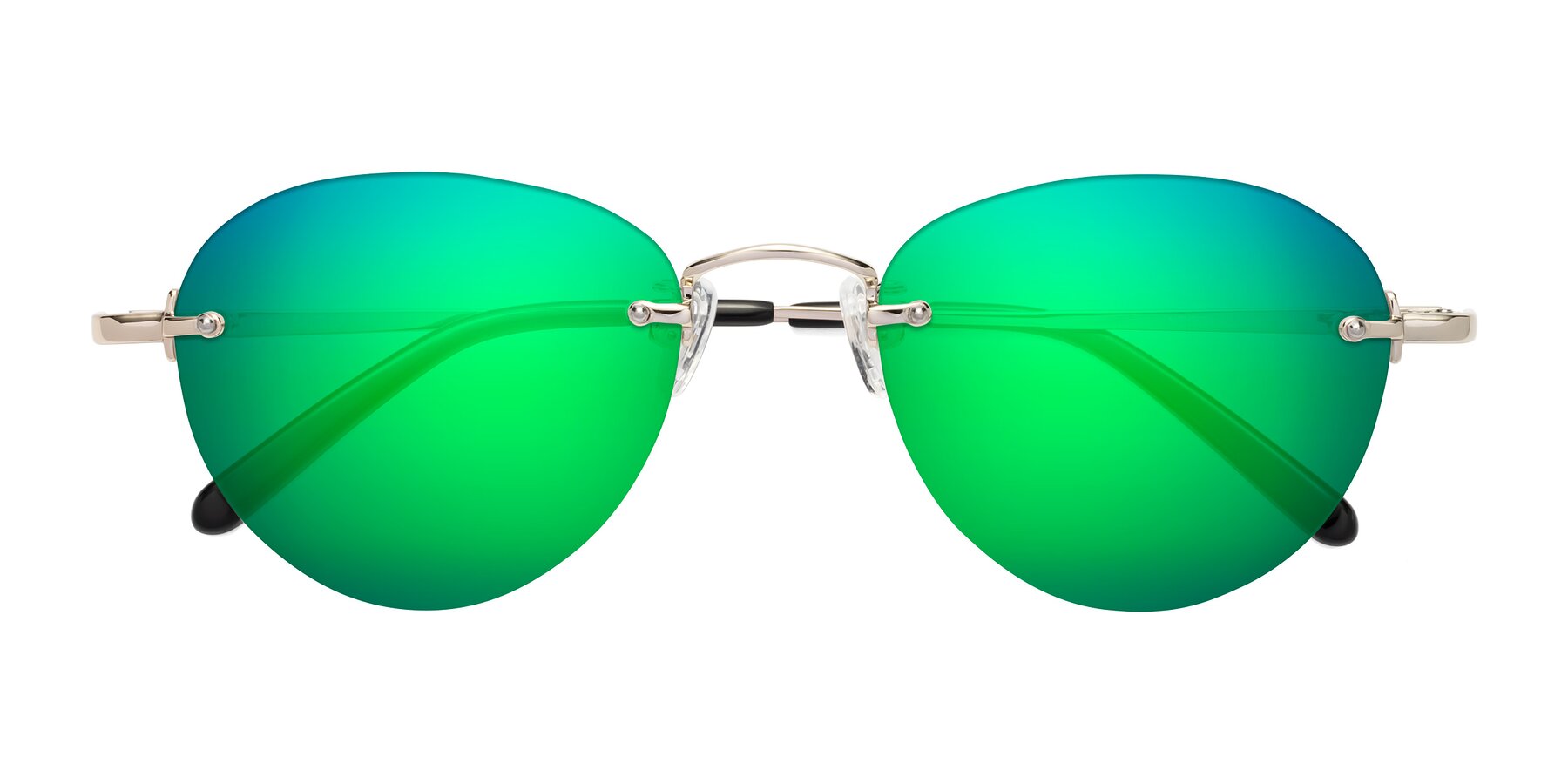 Folded Front of Quinn in Light Gold with Green Mirrored Lenses