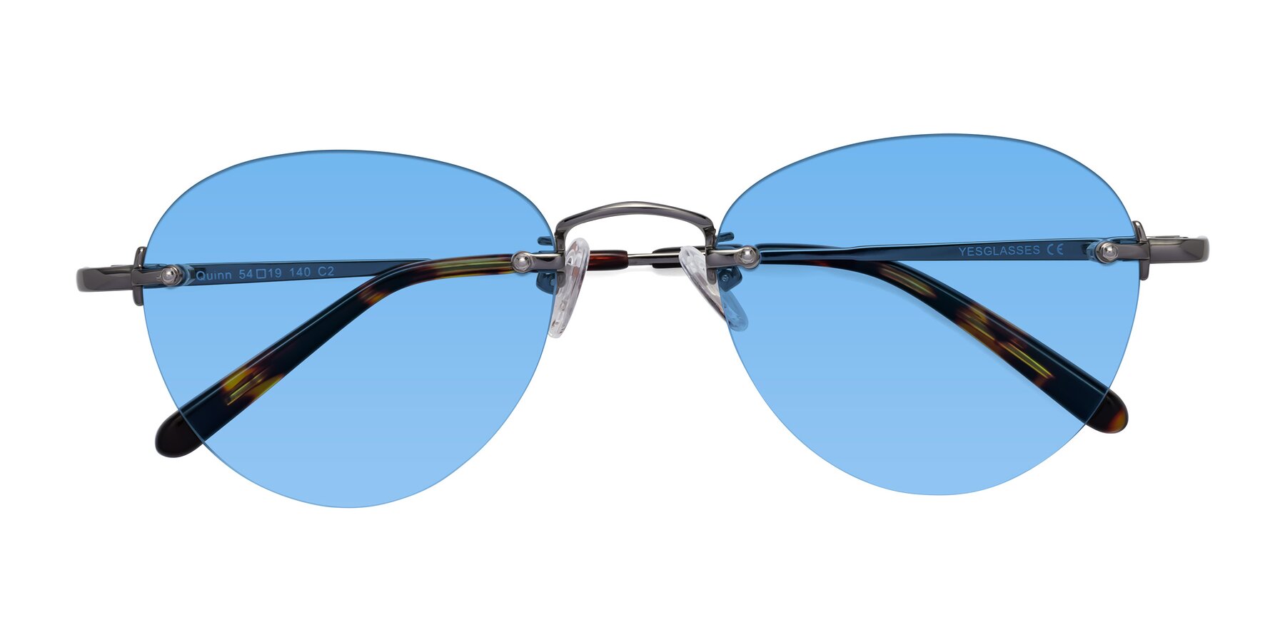 Folded Front of Quinn in Gunmetal with Medium Blue Tinted Lenses