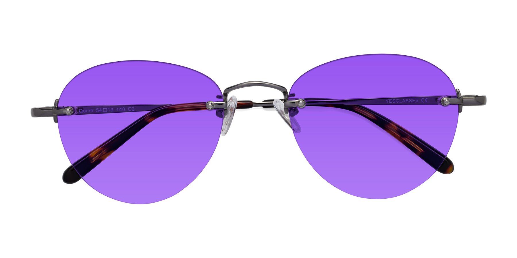 Folded Front of Quinn in Gunmetal with Purple Tinted Lenses