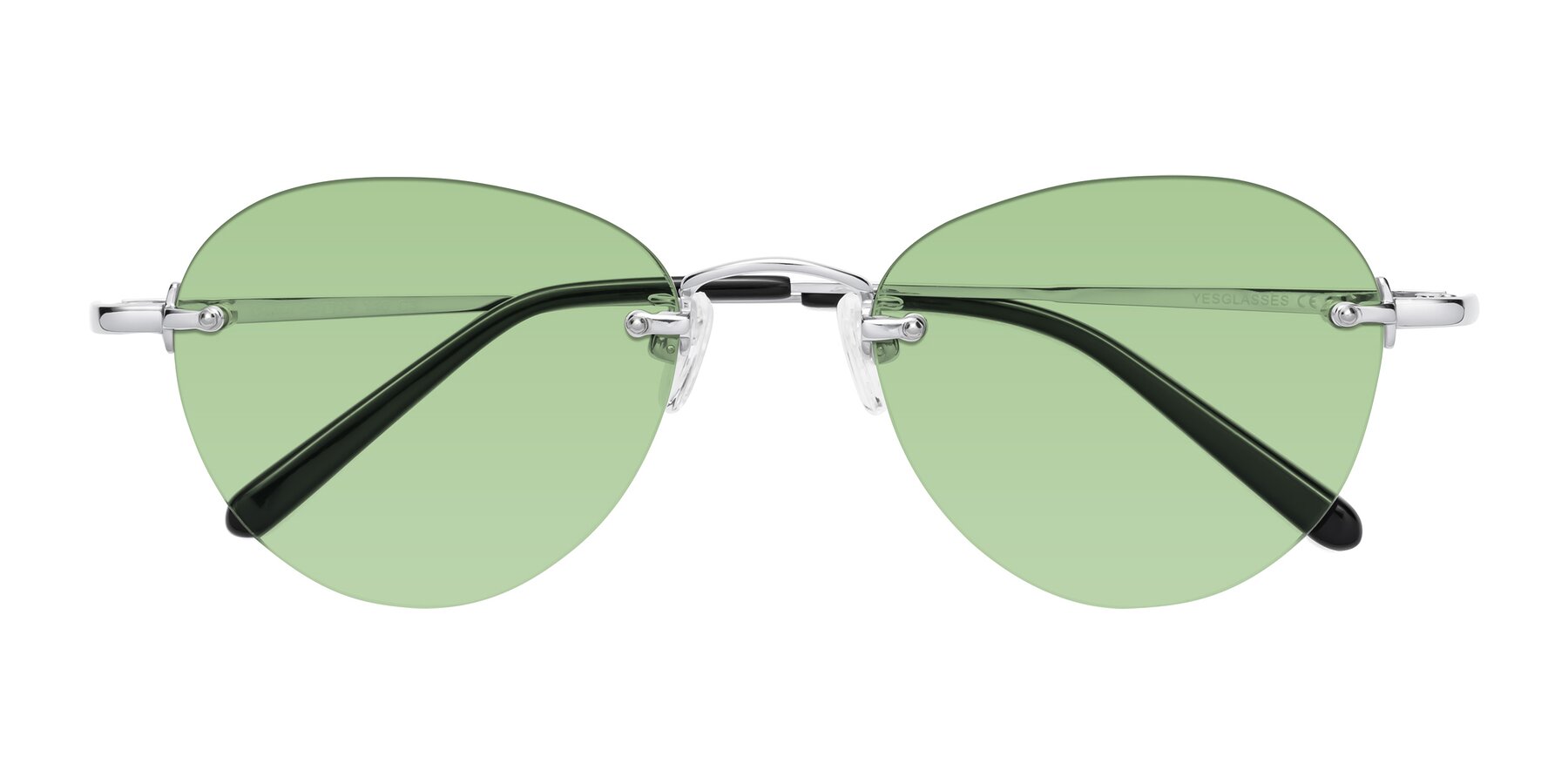 Folded Front of Quinn in Silver with Medium Green Tinted Lenses