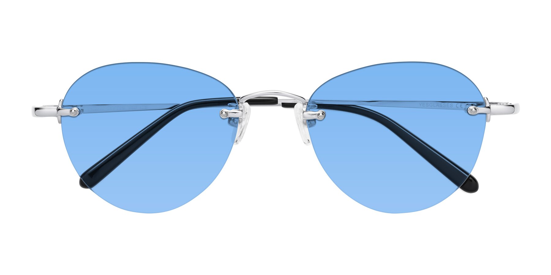 Folded Front of Quinn in Silver with Medium Blue Tinted Lenses