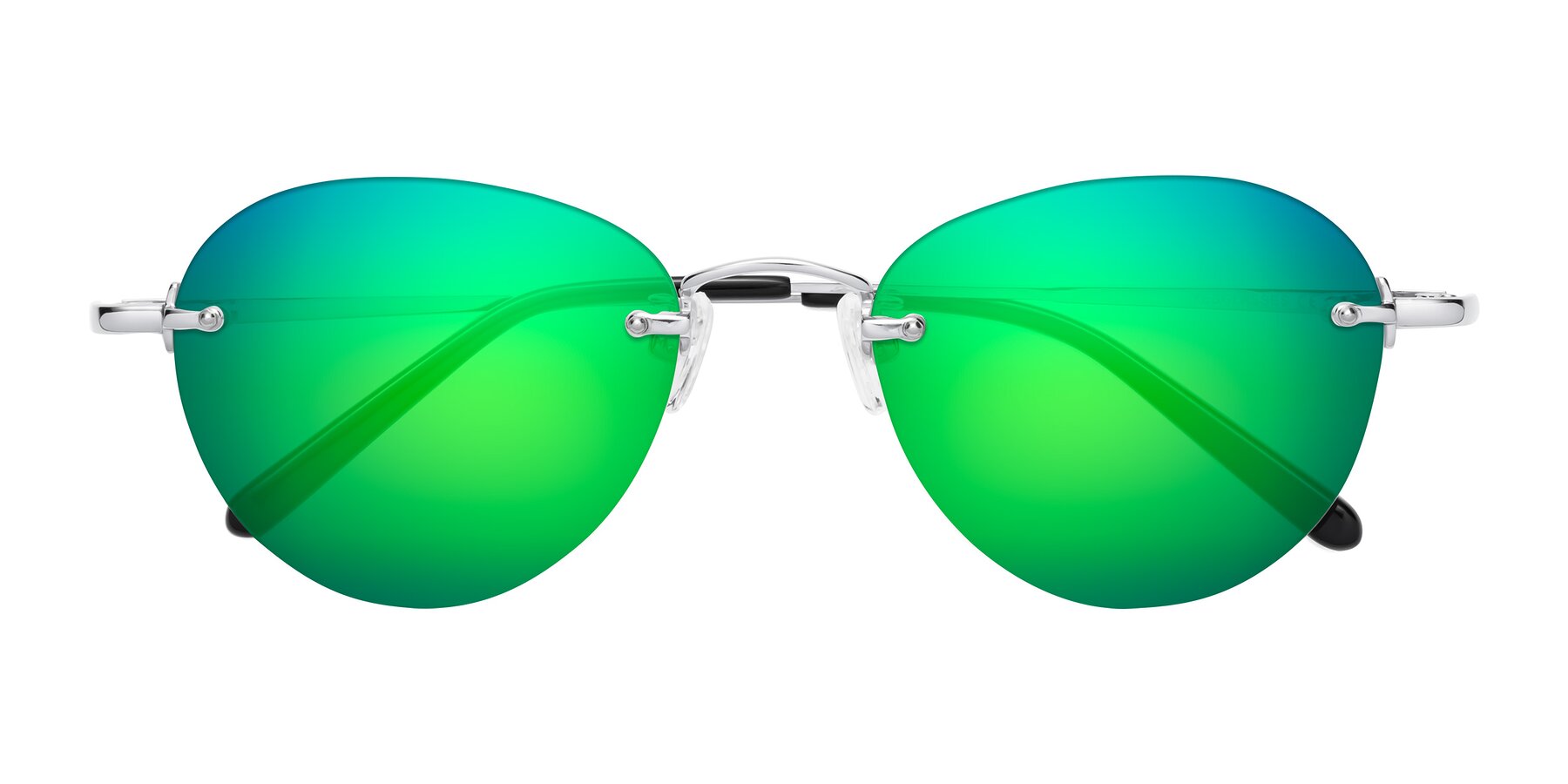 Folded Front of Quinn in Silver with Green Mirrored Lenses