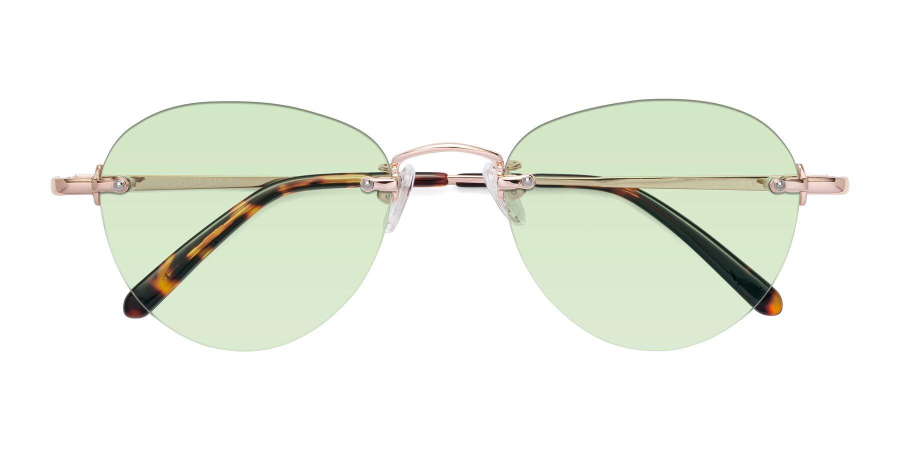 Folded Front of Quinn in Rose Gold with Light Green Tinted Lenses