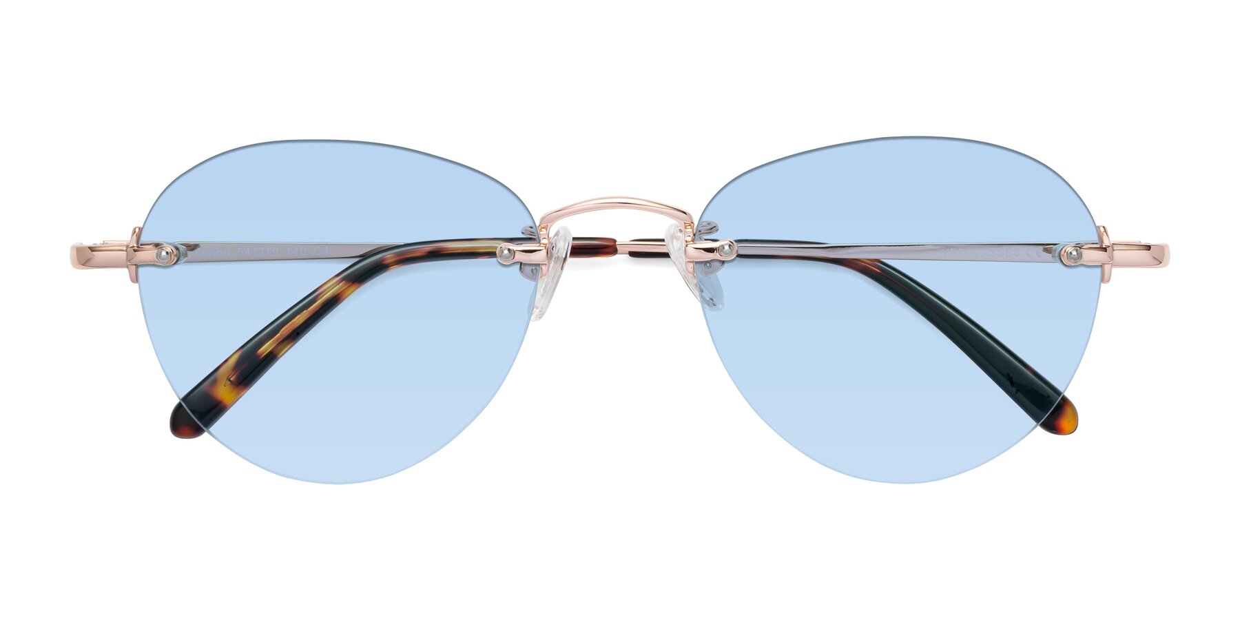 Folded Front of Quinn in Rose Gold with Light Blue Tinted Lenses