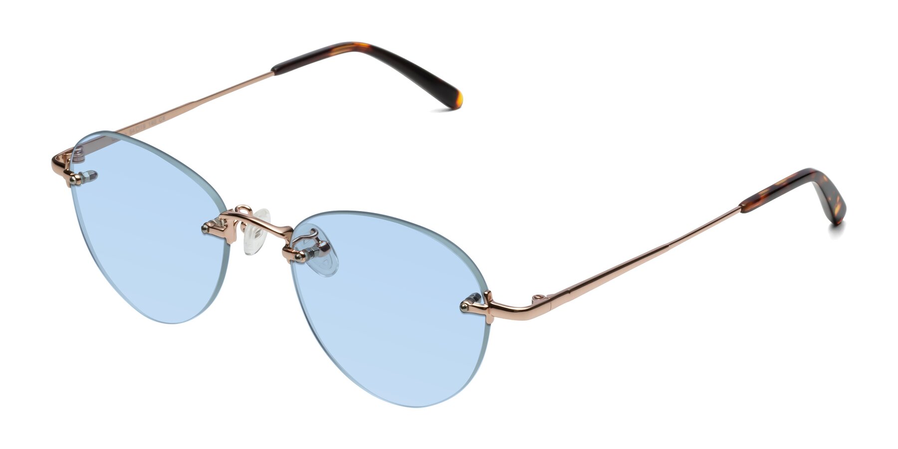 Angle of Quinn in Rose Gold with Light Blue Tinted Lenses