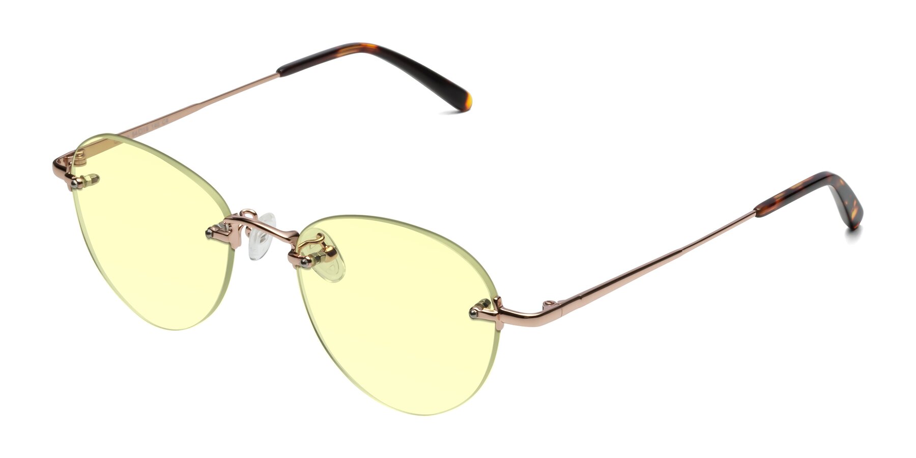 Angle of Quinn in Rose Gold with Light Yellow Tinted Lenses