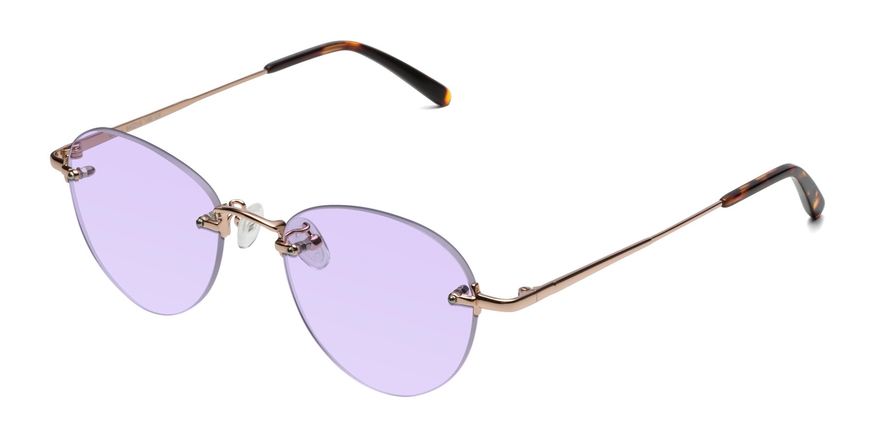 Angle of Quinn in Rose Gold with Light Purple Tinted Lenses