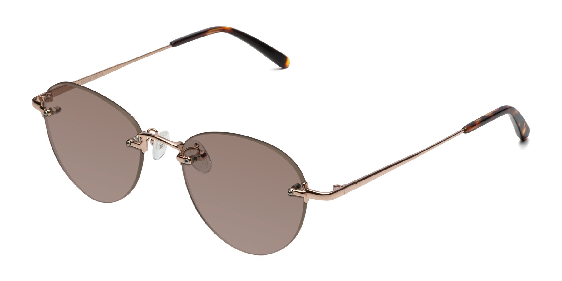 Angle of Quinn in Rose Gold with Medium Brown Tinted Lenses