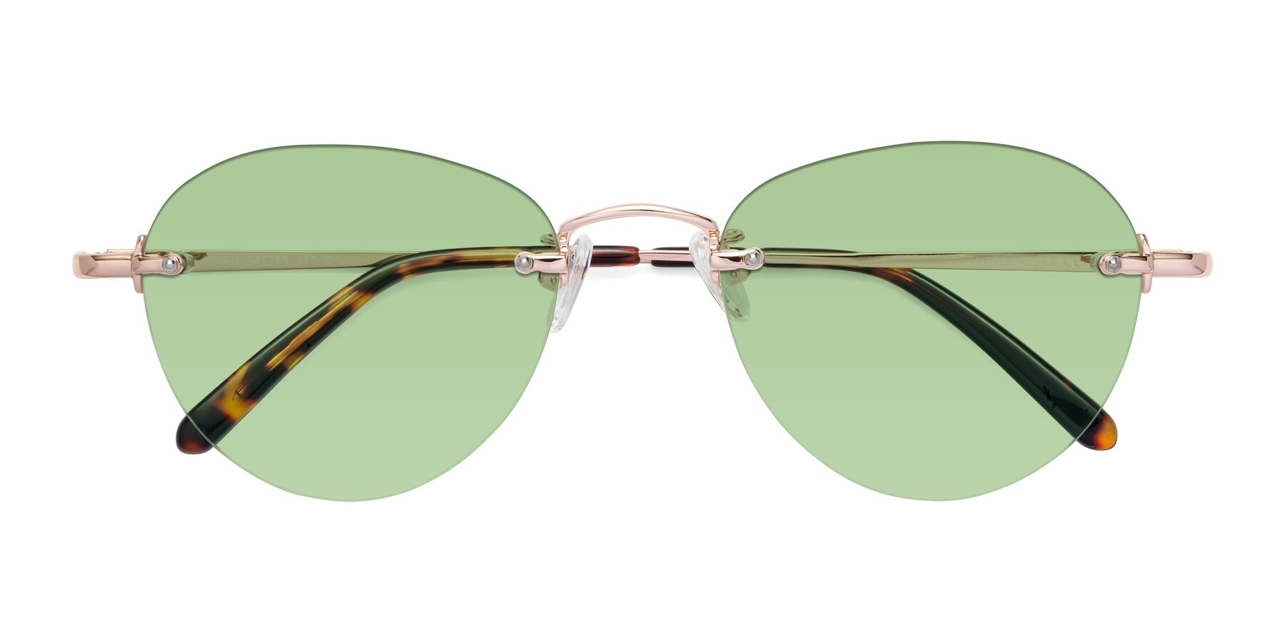 Folded Front of Quinn in Rose Gold with Medium Green Tinted Lenses