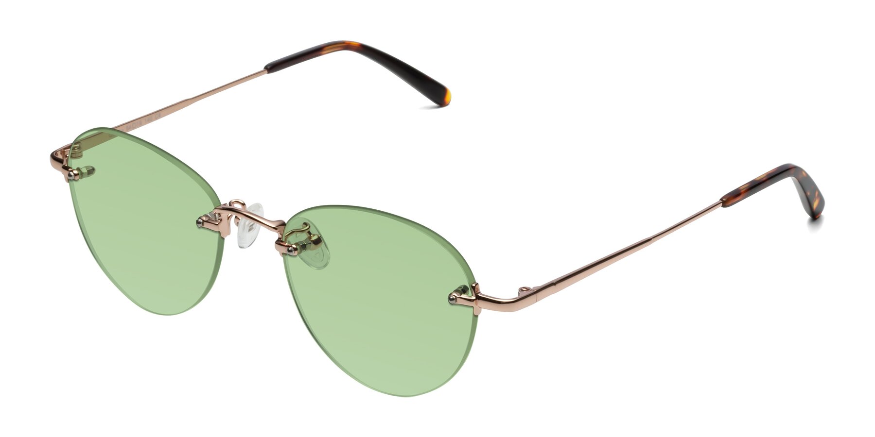 Angle of Quinn in Rose Gold with Medium Green Tinted Lenses