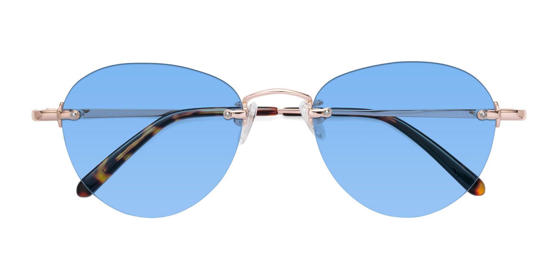 Folded Front of Quinn in Rose Gold with Medium Blue Tinted Lenses