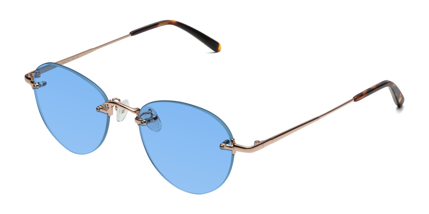 Angle of Quinn in Rose Gold with Medium Blue Tinted Lenses