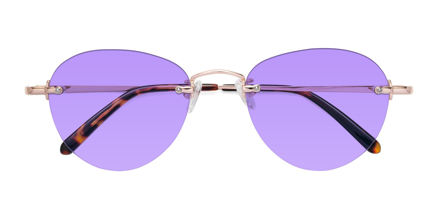 Folded Front of Quinn in Rose Gold with Medium Purple Tinted Lenses