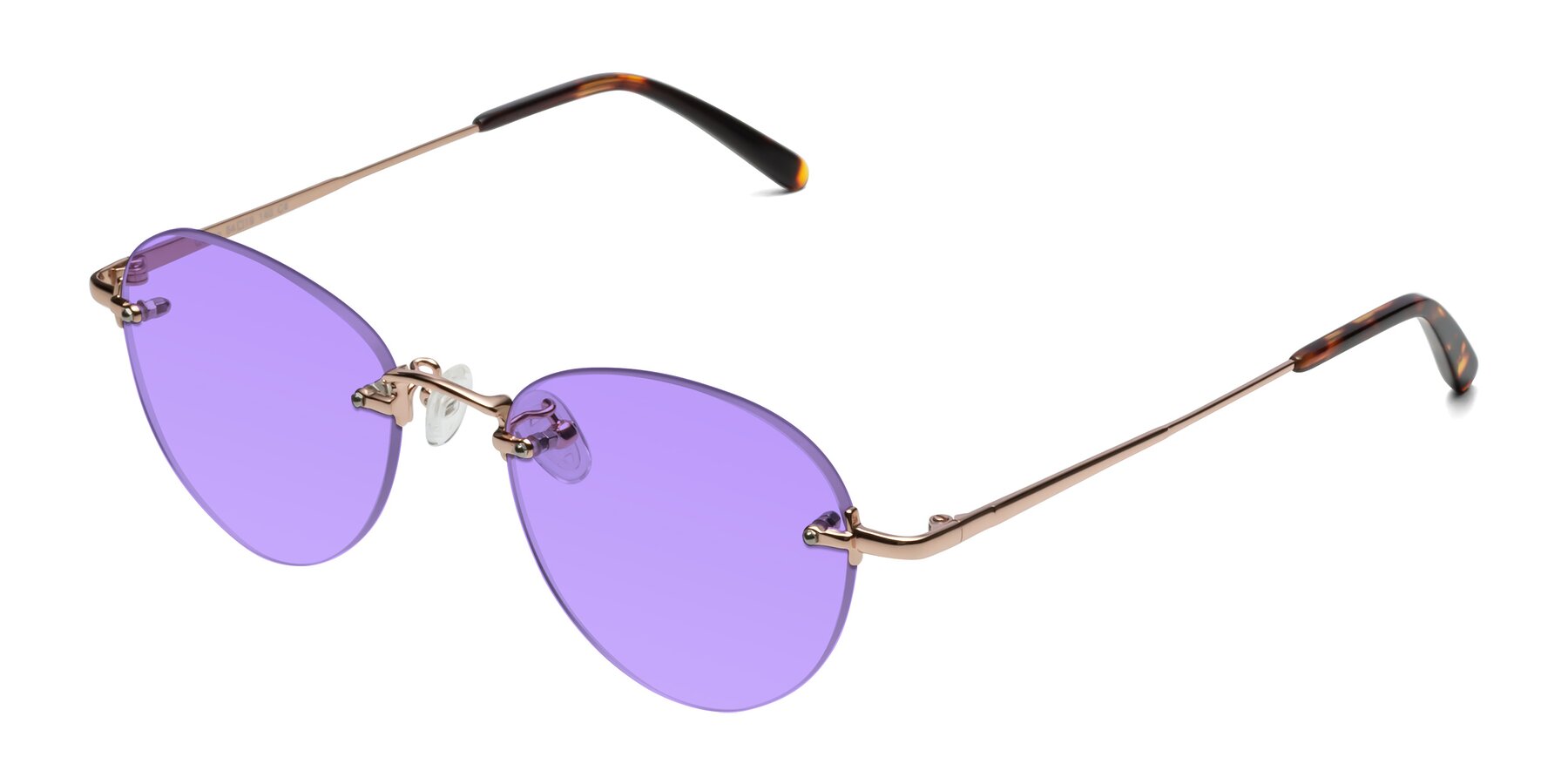 Angle of Quinn in Rose Gold with Medium Purple Tinted Lenses