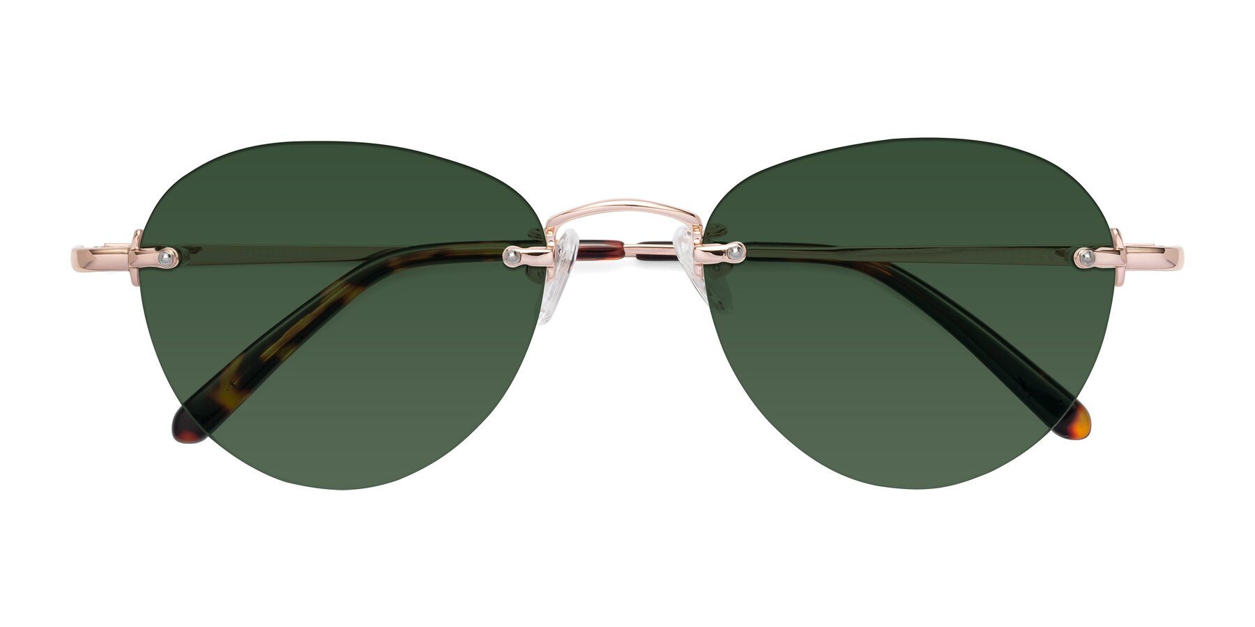 Folded Front of Quinn in Rose Gold with Green Tinted Lenses