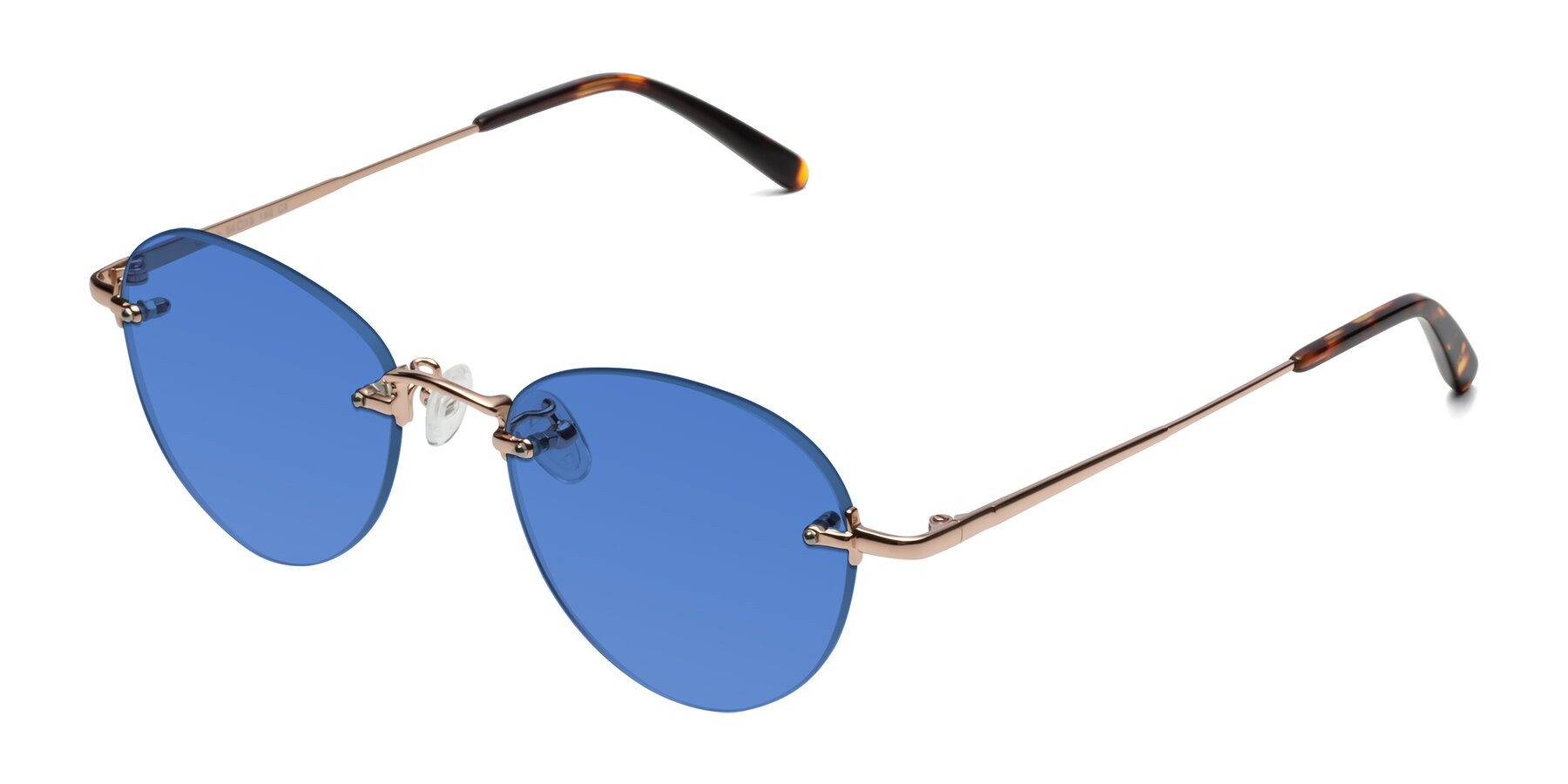 Angle of Quinn in Rose Gold with Blue Tinted Lenses
