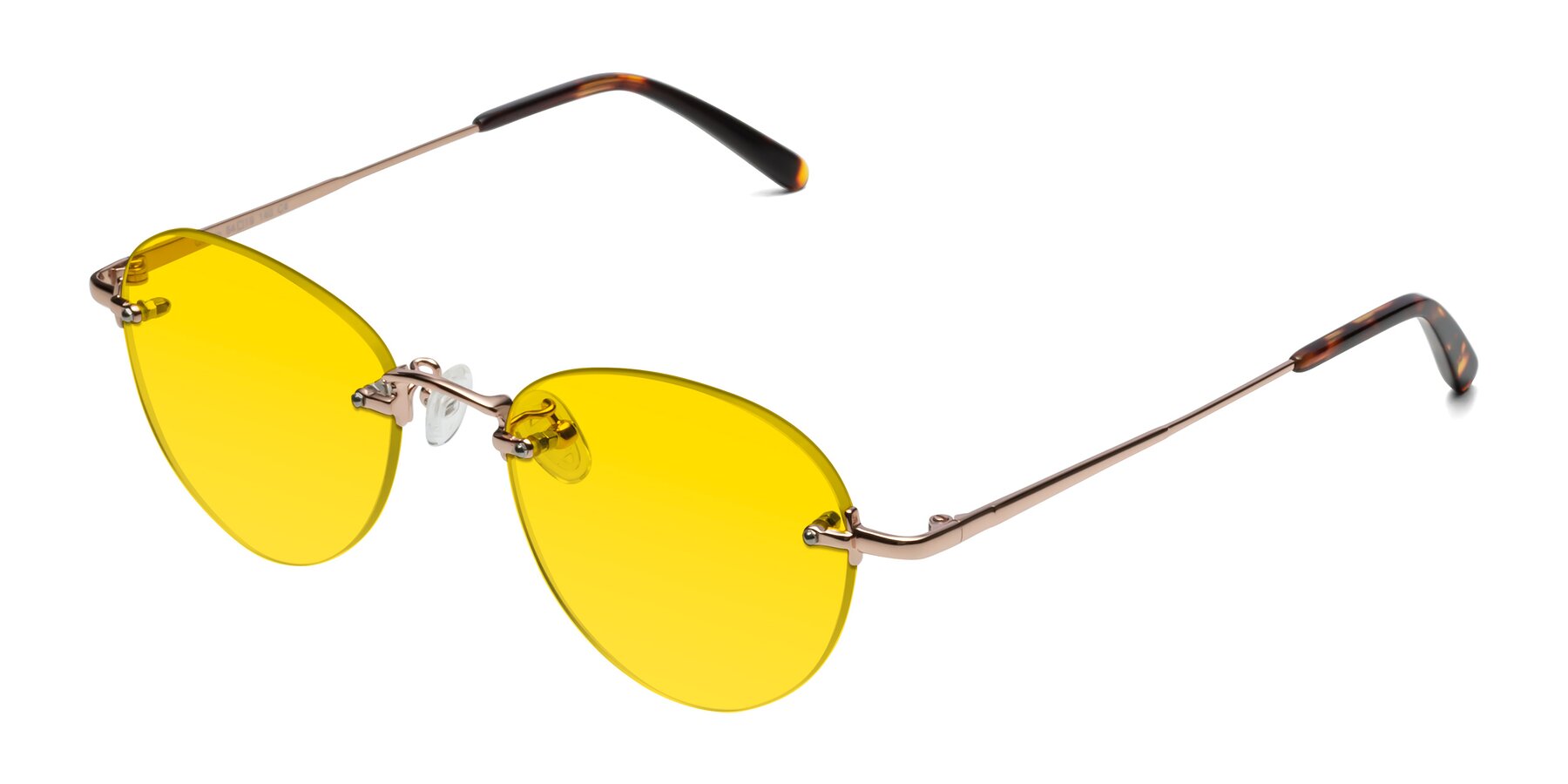 Angle of Quinn in Rose Gold with Yellow Tinted Lenses