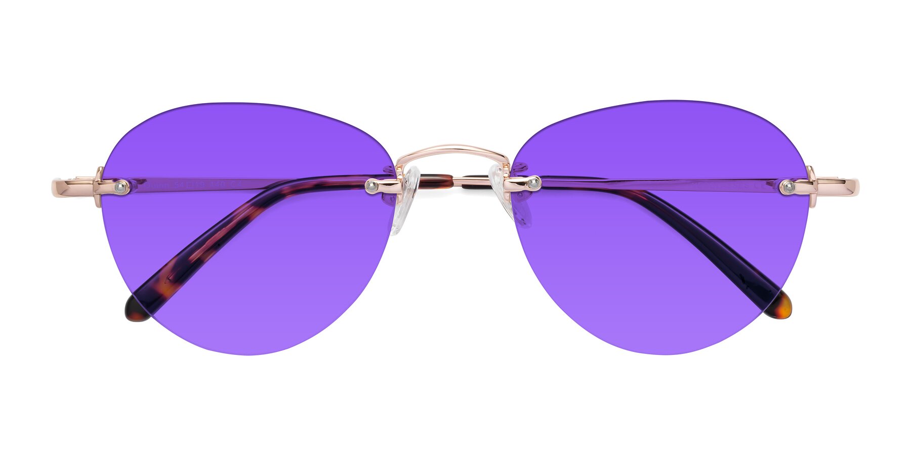 Folded Front of Quinn in Rose Gold with Purple Tinted Lenses