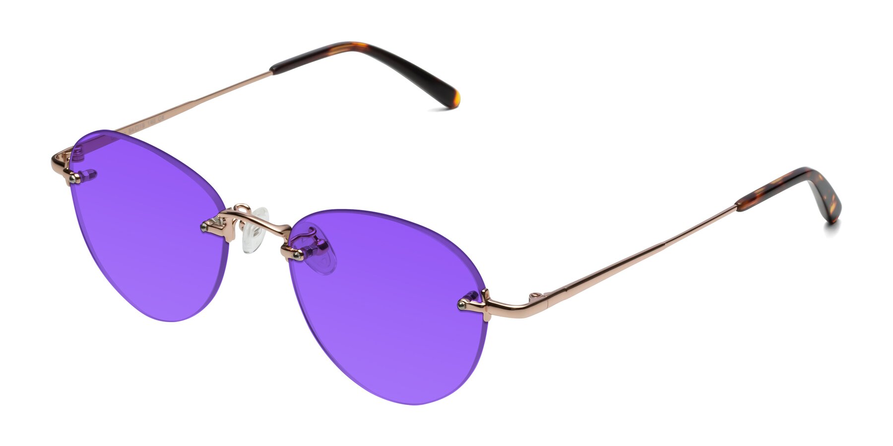 Angle of Quinn in Rose Gold with Purple Tinted Lenses