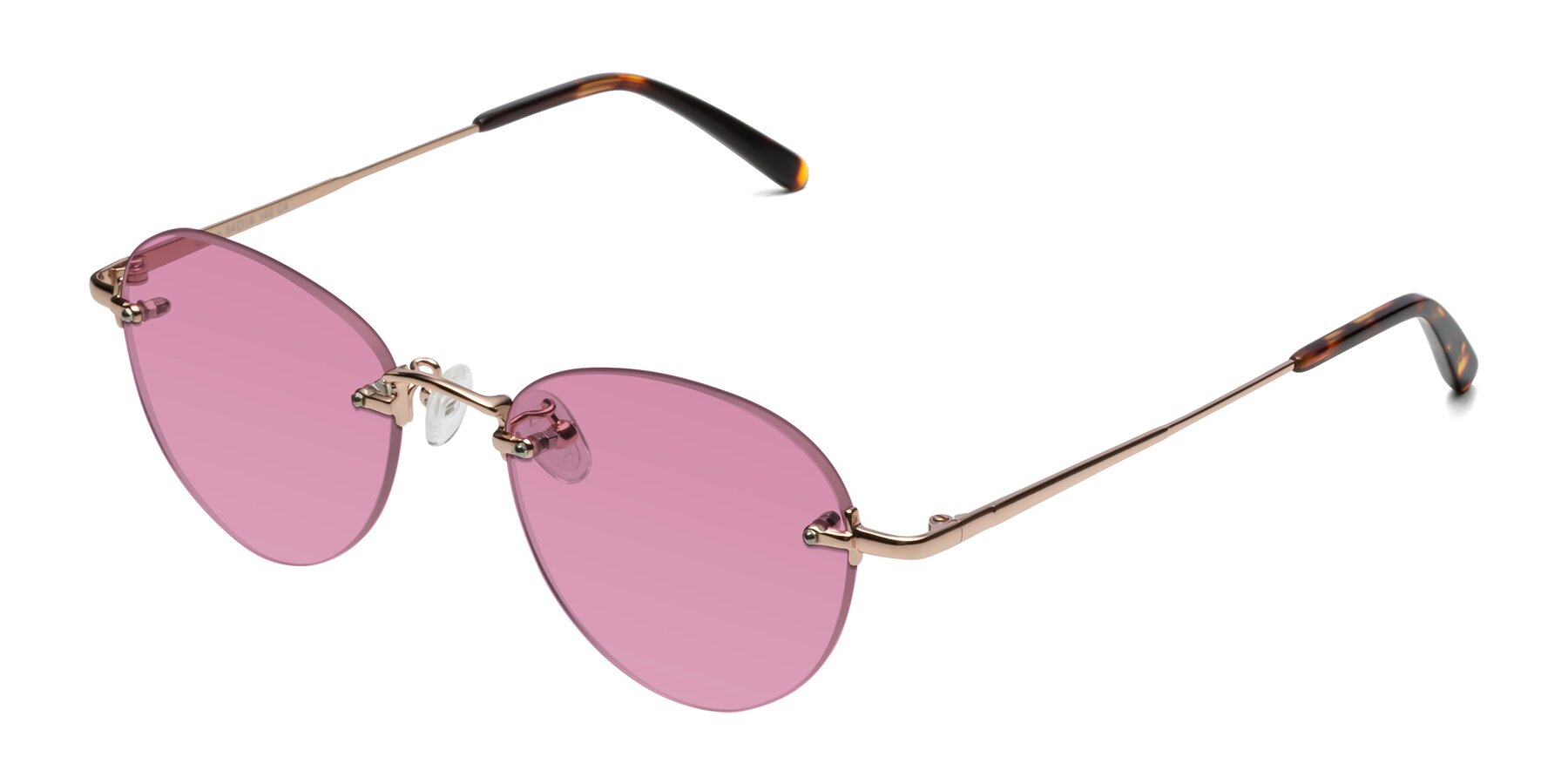 Angle of Quinn in Rose Gold with Medium Wine Tinted Lenses