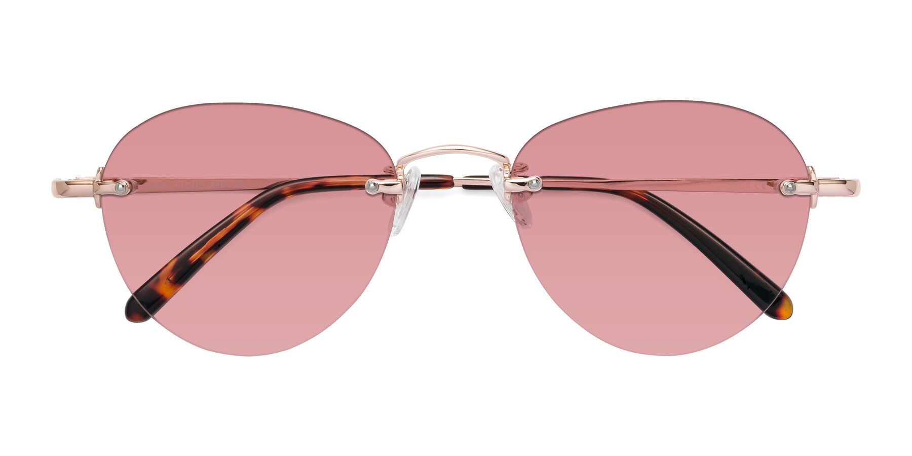 Folded Front of Quinn in Rose Gold with Medium Garnet Tinted Lenses