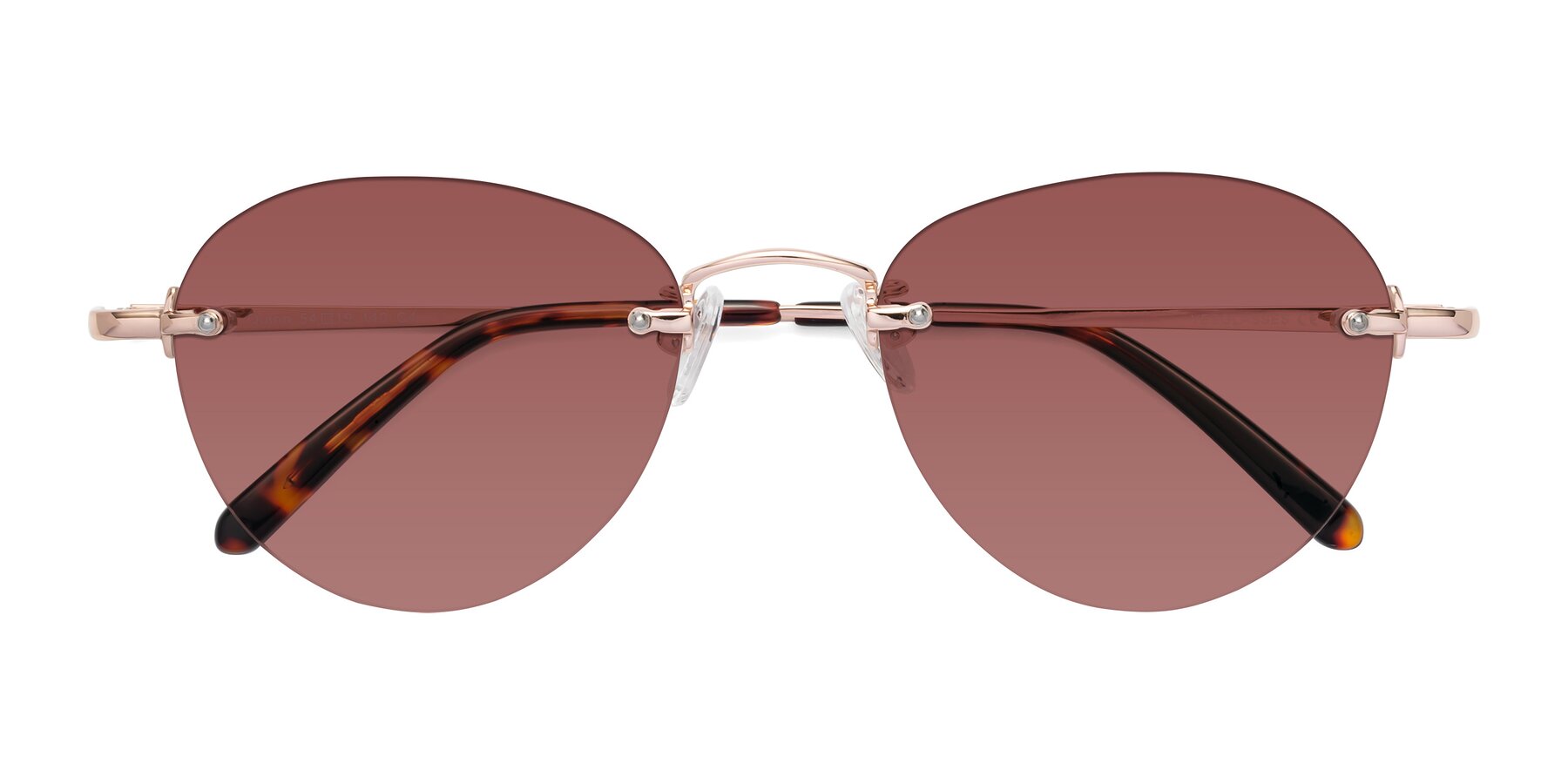 Folded Front of Quinn in Rose Gold with Garnet Tinted Lenses