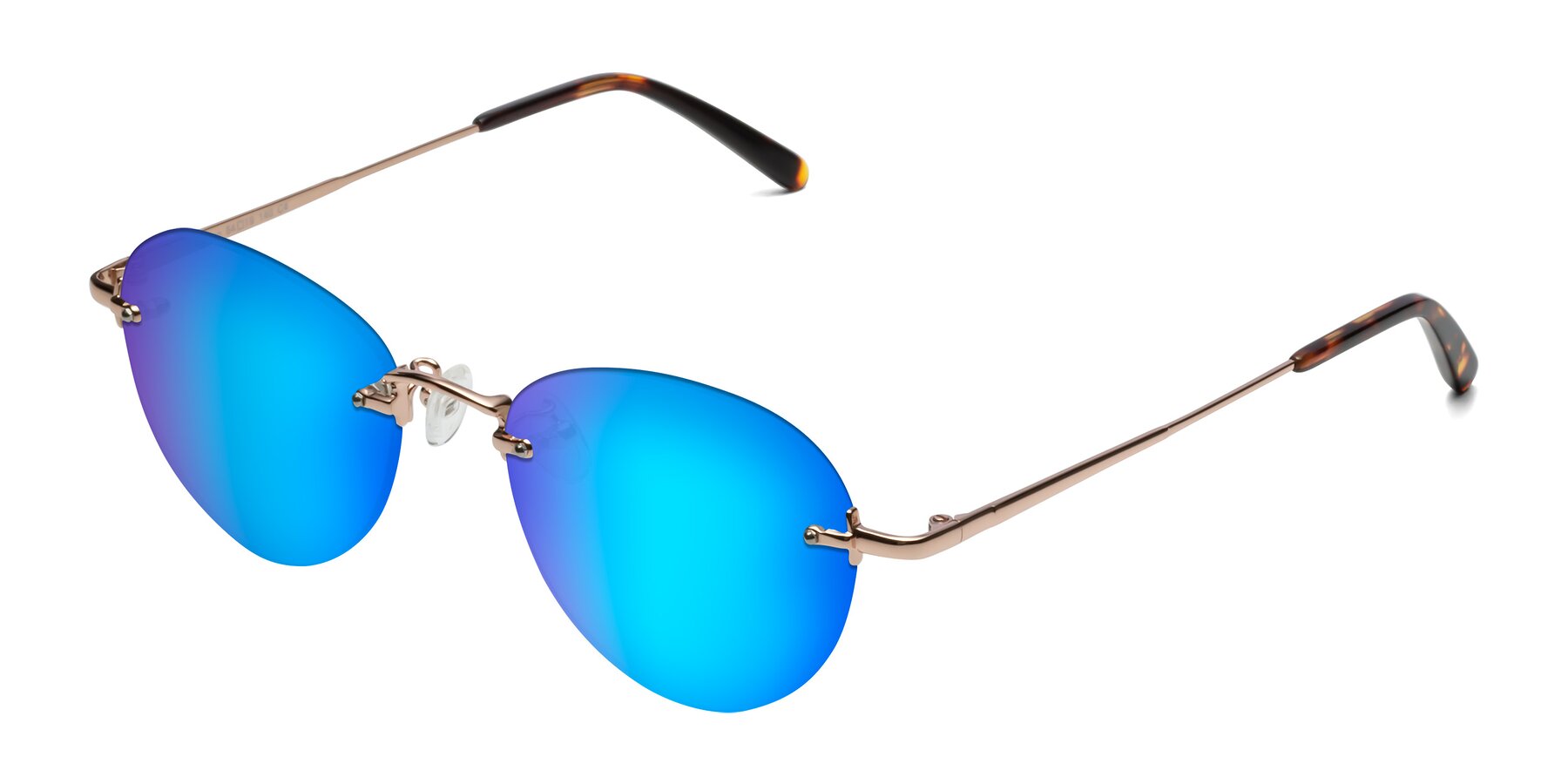 Angle of Quinn in Rose Gold with Blue Mirrored Lenses