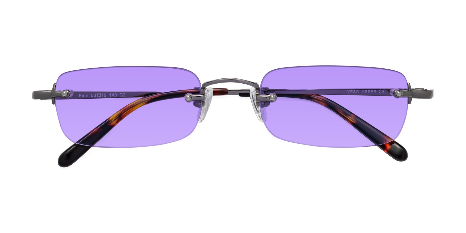 Folded Front of Finn in Gunmetal with Medium Purple Tinted Lenses