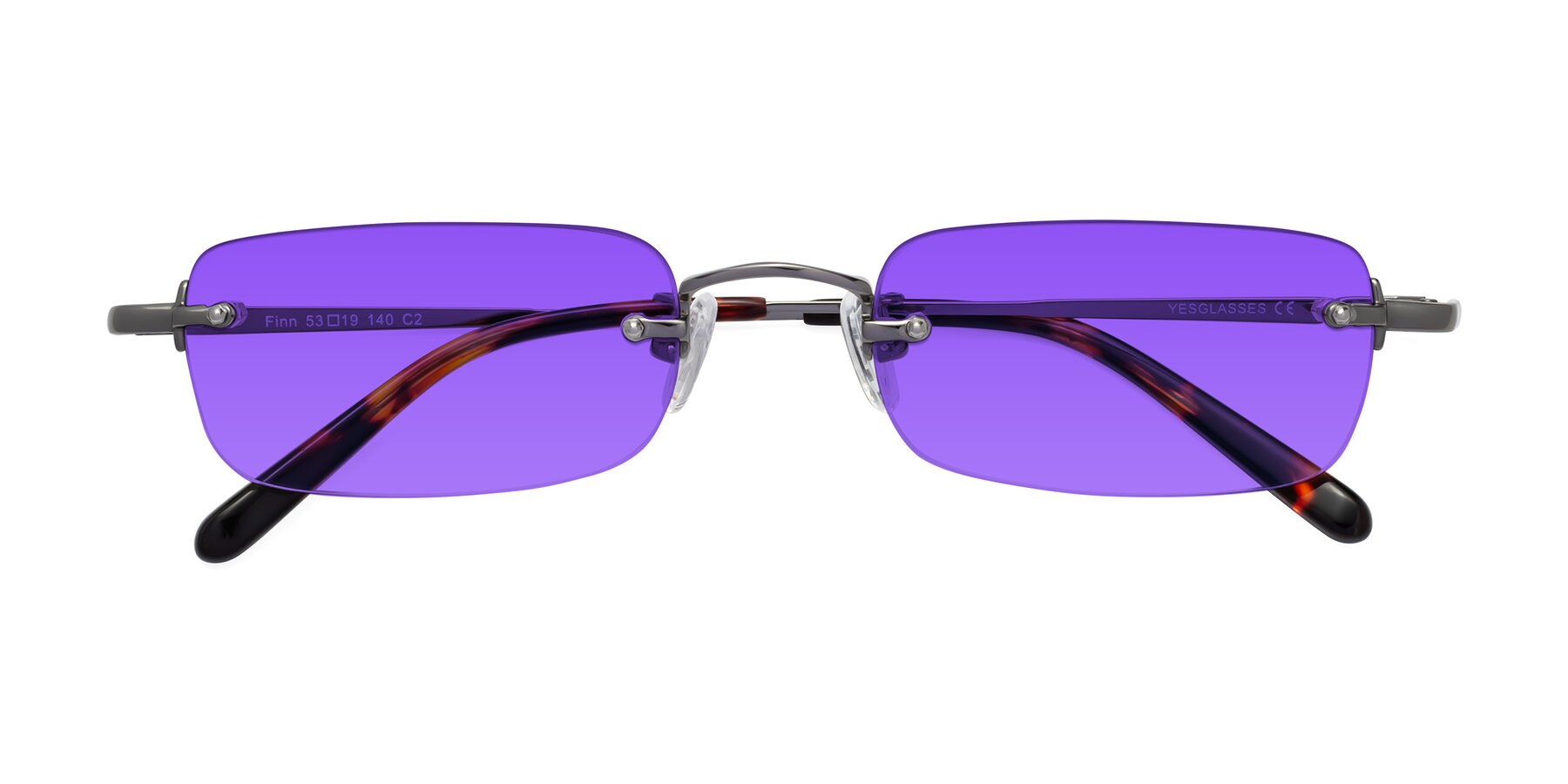 Folded Front of Finn in Gunmetal with Purple Tinted Lenses