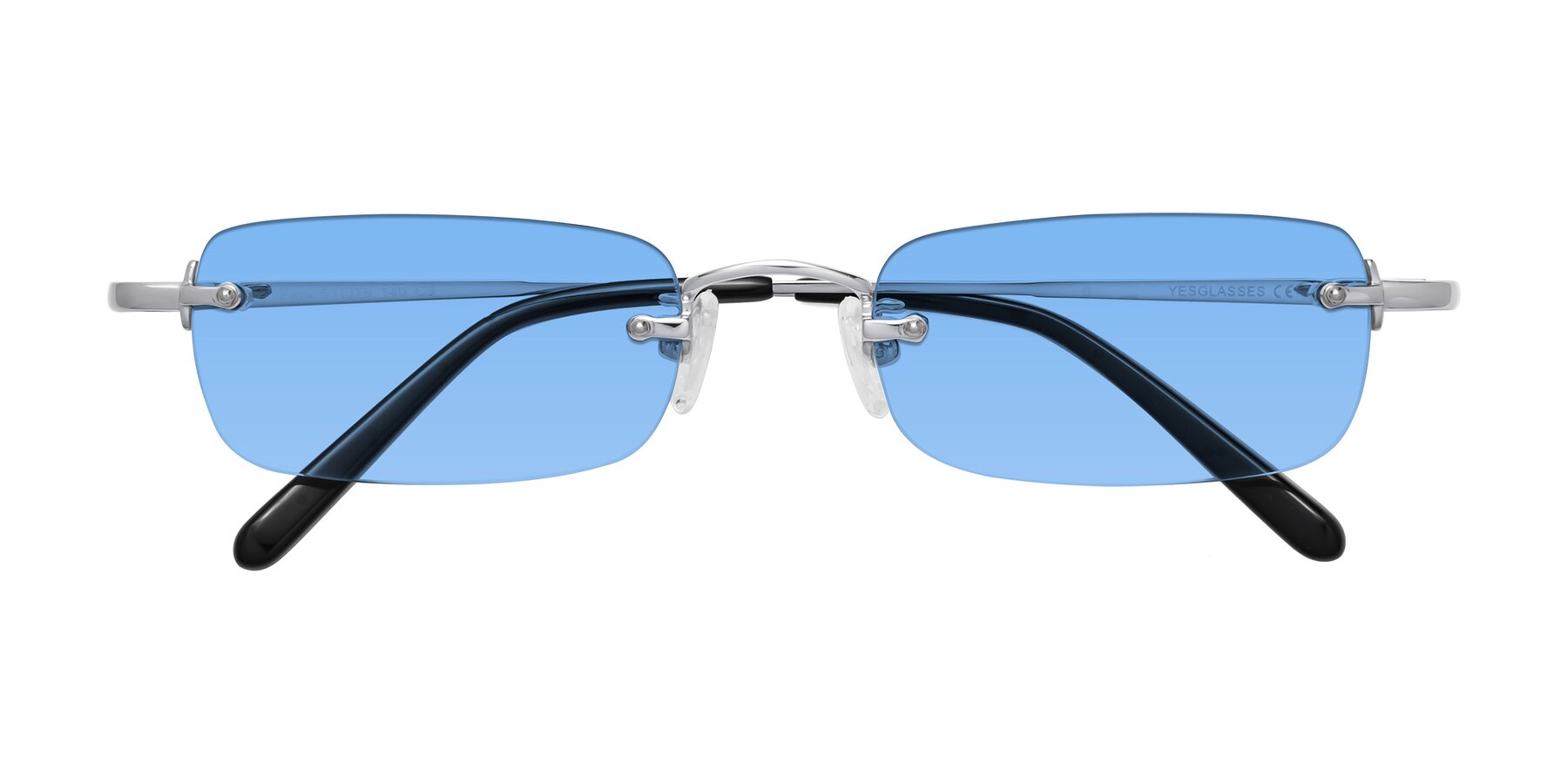 Folded Front of Finn in Silver with Medium Blue Tinted Lenses