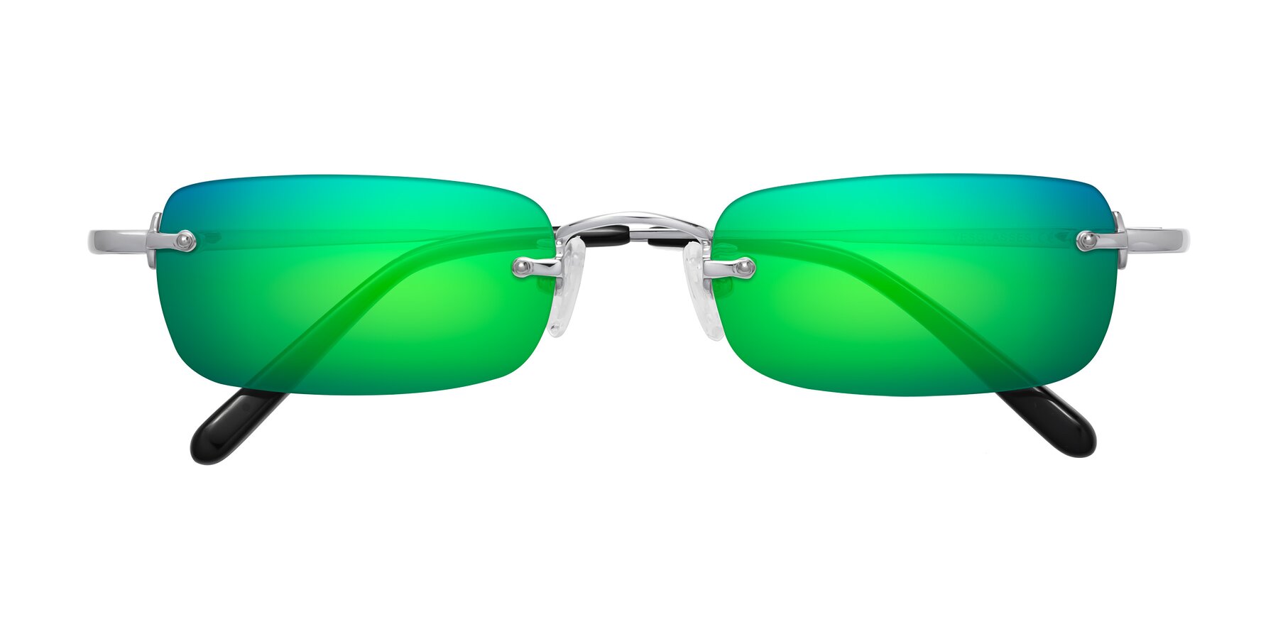 Folded Front of Finn in Silver with Green Mirrored Lenses